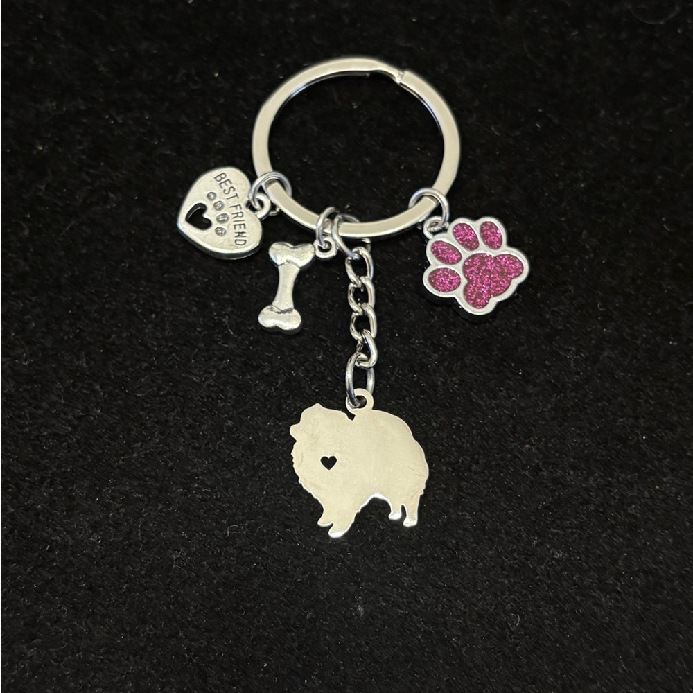 Pomeranian “best friend” Keychain with crystal paw print charm